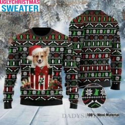3D Sweater With Charming Corgi In A Christmas Box And Festive Patterns