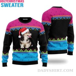 Adult Ugly Christmas Sweater With Pembroke Welsh Corgi Puppy And Red Hat Pattern