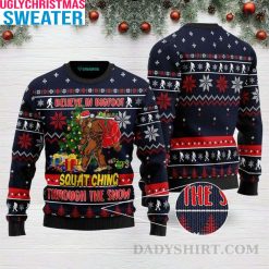 Believe In Bigfoot Squats Ching Through The Snow – Bigfoot Christmas Sweater