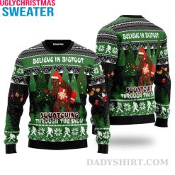 Believe In Bigfoot Squats Ching Through The Snow – Bigfoot Ugly Sweater