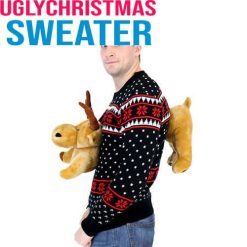 Black 3-D Tacky Ugly Christmas Sweater with Stuffed Moose