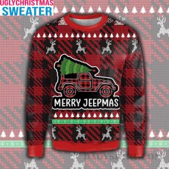 Festive Jeep Carrying Christmas Tree Ugly Christmas Sweater